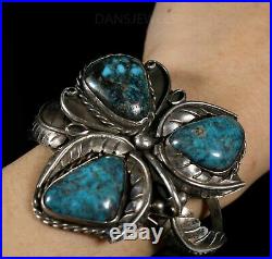 3 NATURAL BLUE DIAMOND TURQUOISE Vtg Navajo Handmade Silver CUFF Bracelet