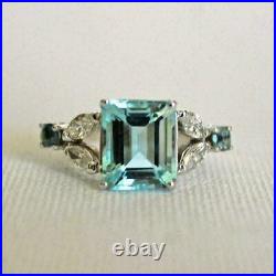 4CT Emerald Cut Blue Aquamarine Art Deco Engagement Ring 14K White Gold Finish