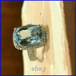 4.50Ct Cushion Cut Aquamarine Halo Woman's Engagement Ring 14K White Gold Finish