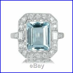4 CT Emerald Aquamarine Diamond Vintage Art Deco Retro Ring 14K White Gold Over