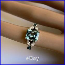 4ct Emerald Cut Blue Aquamarine Art Deco Engagement Ring 14k White Gold Finish