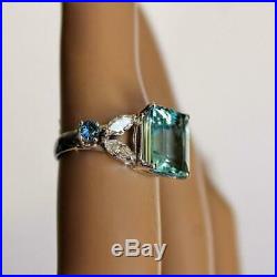 4ct Emerald Cut Blue Aquamarine Art Deco Engagement Ring 14k White Gold Finish