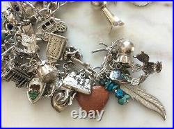 54 Vintage Sterling Silver Charm Bracelet Enamel Turquoise SouthWest Cowgirl