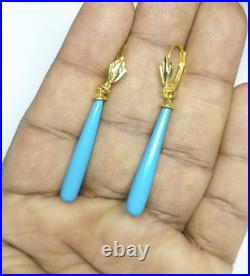 8Ct Long Sleeping Beauty Turquoise Teardrop Dangle Earrings 18K Yellow Gold Over
