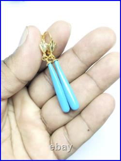 8Ct Long Sleeping Beauty Turquoise Teardrop Dangle Earrings 18K Yellow Gold Over