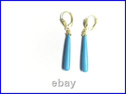 8Ct Long Sleeping Beauty Turquoise Teardrop Dangle Earrings 18K Yellow Gold Over