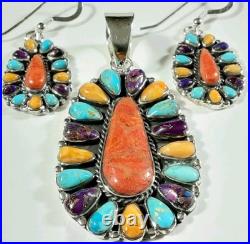 925 STERLING CLUSTER FLOWER TURQUOISE CORAL SPINY OYSTER MATCHING SET 17.3g