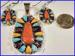 925 STERLING CLUSTER FLOWER TURQUOISE CORAL SPINY OYSTER MATCHING SET 17.3g