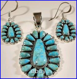 925 STERLING SILVER CLUSTER FLOWER TURQUOISE MATCHING SET 17.2g