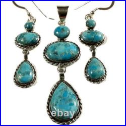 925 STERLING SILVER ELONGATED BRAIDED 9 STONES TURQUOISE MATCHING SET 12.8g