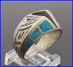 925 Silver Vintage Southwestern Etched Inlay Turquoise Ring Sz 10 RG27545