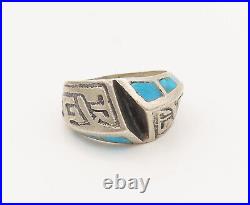 925 Silver Vintage Southwestern Etched Inlay Turquoise Ring Sz 10 RG27545