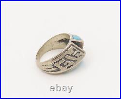 925 Silver Vintage Southwestern Etched Inlay Turquoise Ring Sz 10 RG27545