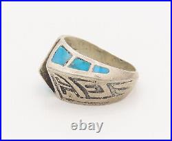 925 Silver Vintage Southwestern Etched Inlay Turquoise Ring Sz 10 RG27545