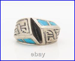 925 Silver Vintage Southwestern Etched Inlay Turquoise Ring Sz 10 RG27545