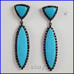 925 Sterling Silver Black Pave Diamond Turquoise Earrings Dangle Jewelry