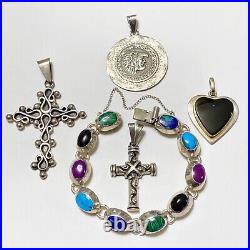 925 Sterling Silver MEXICO Cross Mayan Sun Dial Heart Turquoise Jewelry Lot L1