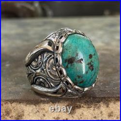 925 Sterling Silver Natural Turquoise Gemstone Men Engraved Turquoise Ring