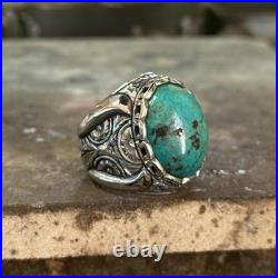 925 Sterling Silver Natural Turquoise Gemstone Men Engraved Turquoise Ring