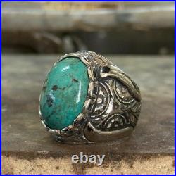 925 Sterling Silver Natural Turquoise Gemstone Men Engraved Turquoise Ring