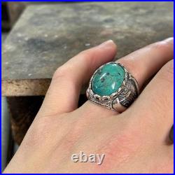 925 Sterling Silver Natural Turquoise Gemstone Men Engraved Turquoise Ring