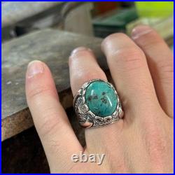 925 Sterling Silver Natural Turquoise Gemstone Men Engraved Turquoise Ring