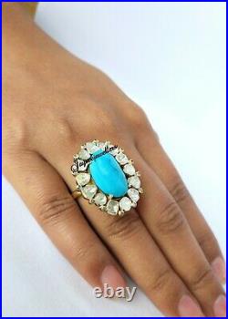 925 Sterling Silver Real Turquoise Gemstone Rose Cut Polki Ring Fine Jewelry