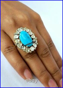 925 Sterling Silver Real Turquoise Gemstone Rose Cut Polki Ring Fine Jewelry