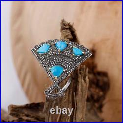 925 Sterling Silver Ring kite Shape Turquoise Pave Diamond Jewelry, Ring MN