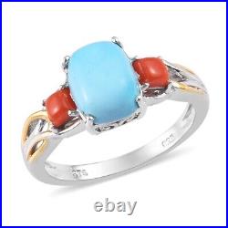 925 Sterling Silver Sleeping Beauty Turquoise Coral Ring Jewelry Size 7 Ct 1.5