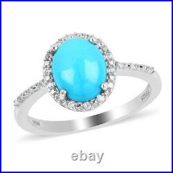925 Sterling Silver Sleeping Beauty Turquoise White Zircon Ring Size 9 Ct 2.7