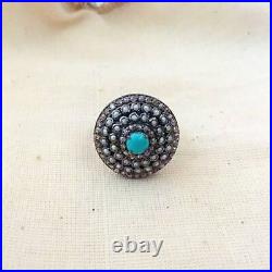 925 Sterling Silver Turquoise Pearl Diamond Ring Victorian Fine Jewelry