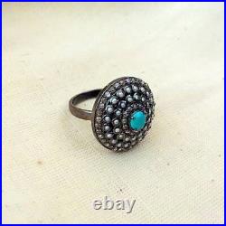 925 Sterling Silver Turquoise Pearl Diamond Ring Victorian Fine Jewelry