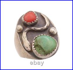 925 Sterling Silver Vintage Ring ZUNI NAVAJO Antique Turquoise Sz 10.5 RG29141