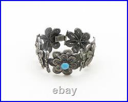 925 Sterling Silver Vintage Turquoise Floral Filigree Chain Bracelet BT7777