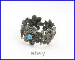 925 Sterling Silver Vintage Turquoise Floral Filigree Chain Bracelet BT7777