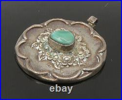 925 Sterling Silver Vintage Turquoise Floral Motif Dark Tone Pendant PT18561