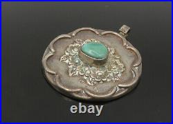 925 Sterling Silver Vintage Turquoise Floral Motif Dark Tone Pendant PT18561