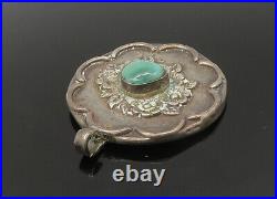 925 Sterling Silver Vintage Turquoise Floral Motif Dark Tone Pendant PT18561