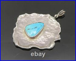 925 Sterling Silver Vintage Turquoise Shiny Sculpted Pendant PT16256