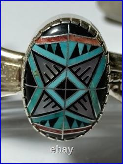 925 Sterling Silver Vntg Roderick Tenorio Morning Star Inlay Opn Cuff Bracelet