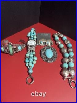 925/ Sterling Turquoise 5 Item Lot! Cuff Bracelet / Watch Pendant /Pin Earring