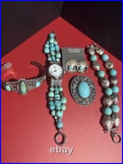 925/ Sterling Turquoise 5 Item Lot! Cuff Bracelet / Watch Pendant /Pin Earring