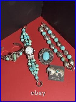 925/ Sterling Turquoise 5 Item Lot! Cuff Bracelet / Watch Pendant /Pin Earring