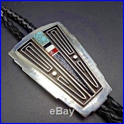 ALBERT NELLS Vintage NAVAJO Sterling Silver & TURQUOISE Channel Inlay BOLO Tie