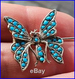 ANTIQUE, VICTORIAN STERLING SILVER & TURQUOISE BUTTERFLY BROOCH, C 1880s