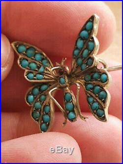 ANTIQUE, VICTORIAN STERLING SILVER & TURQUOISE BUTTERFLY BROOCH, C 1880s