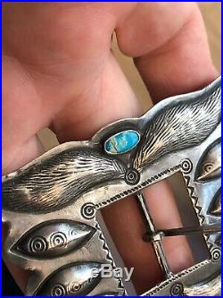 A+ Old Pawn Navajo Southwestern Sterling Silver & Turquoise Belt Buckle