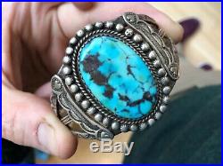 A+Old Pawn STERLING SILVER TURQUOISE MATRIX Navajo Native American Cuff Bracelet