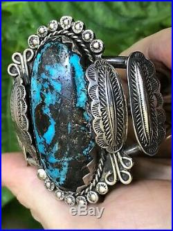 A+ Vintage Cuff BRACELET Navajo Indian Sterling Silver & Heavy Matrix Turquoise